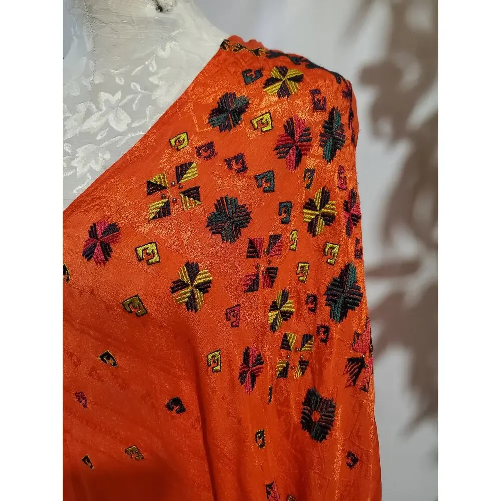 Free People Music In Time Embroidered Beaded V-Neck Blouse Top Sz S Orange Boho